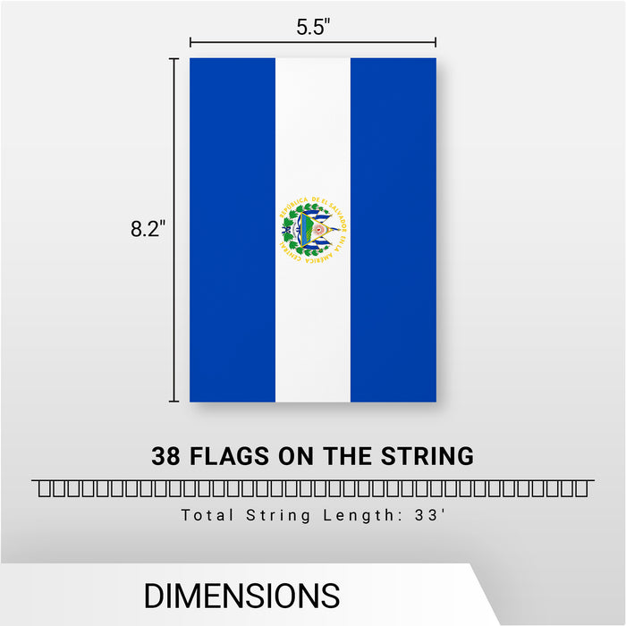 G128 El Salvador Salvadoran Bunting Banner | Flag 8.2 x 5.5 Inch, Full String 33 Feet | Printed 150D Polyester, Decorations For Bar, School, Festival Events Celebration