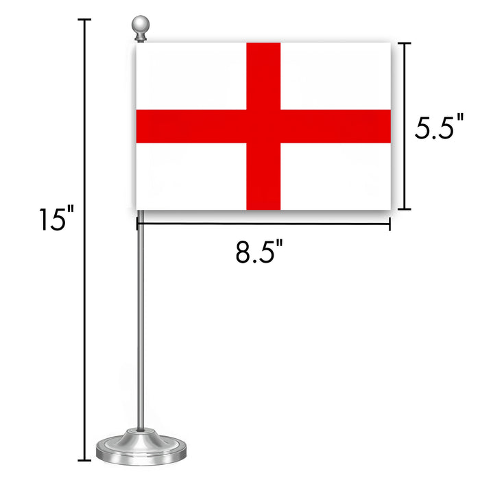 G128 England English Deluxe Desk Flag Set | 8.5x5.5 In | Printed 300D Polyester, with Silver Dome and Base, 15" Metal Pole, Decorations For Office, Home and Festival Events Celebration