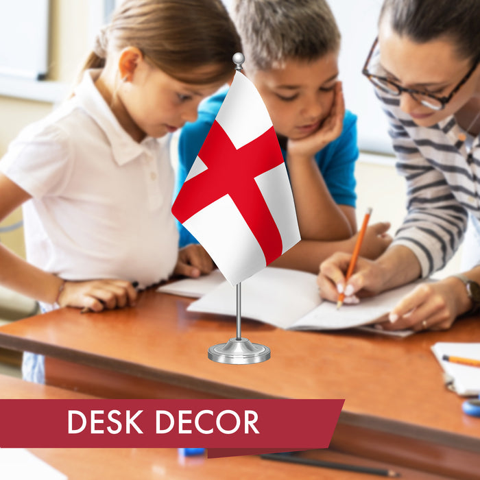G128 England English Deluxe Desk Flag Set | 8.5x5.5 In | Printed 300D Polyester, with Silver Dome and Base, 15" Metal Pole, Decorations For Office, Home and Festival Events Celebration