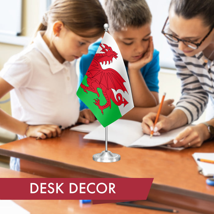 G128 Wales Welsh Deluxe Desk Flag Set | 8.5x5.5 In | Printed 300D Polyester, with Silver Dome and Base, 15" Metal Pole, Decorations For Office, Home and Festival Events Celebration