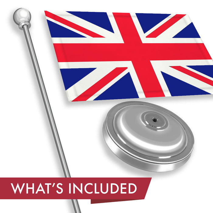 G128 United Kingdom UK Deluxe Desk Flag Set | 8.5x5.5 In | Printed 300D Polyester, with Silver Dome and Base, 15" Metal Pole, Decorations For Office, Home and Festival Events Celebration