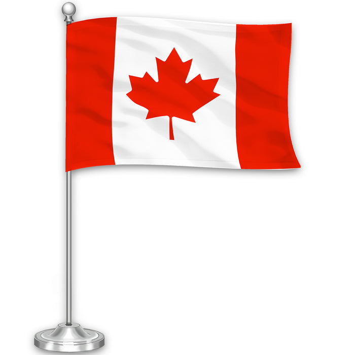 G128 Canada Canadian Deluxe Desk Flag Set | 8.5x5.5 In | Printed 300D Polyester, with Silver Dome and Base, 15" Metal Pole, Decorations For Office, Home and Festival Events Celebration