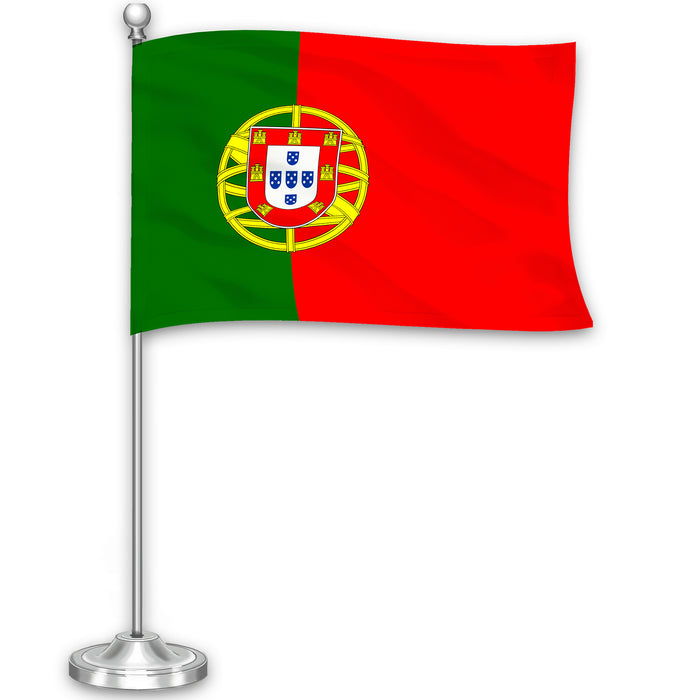 G128 Portugal Portuguese Deluxe Desk Flag Set | 8.5x5.5 In | Printed 300D Polyester, with Silver Dome and Base, 15" Metal Pole, Decorations For Office, Home and Festival Events Celebration