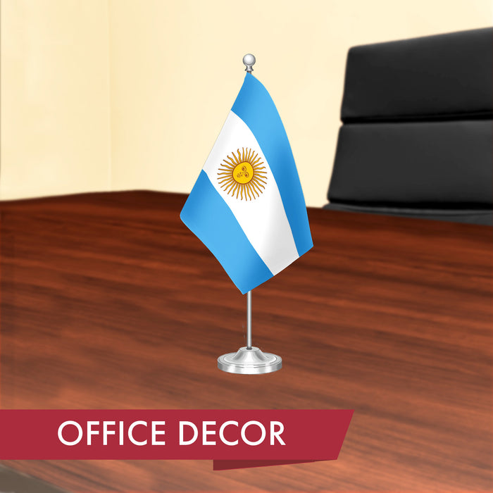 G128 Argentina Argentinian Deluxe Desk Flag Set | 8.5x5.5 In | Printed 300D Polyester, with Silver Dome and Base, 15" Metal Pole, Decorations For Office, Home and Festival Events Celebration