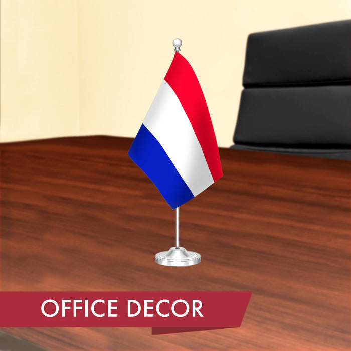 G128 Netherlands Dutch Deluxe Desk Flag Set | 8.5x5.5 In | Printed 300D Polyester, with Silver Dome and Base, 15" Metal Pole, Decorations For Office, Home and Festival Events Celebration