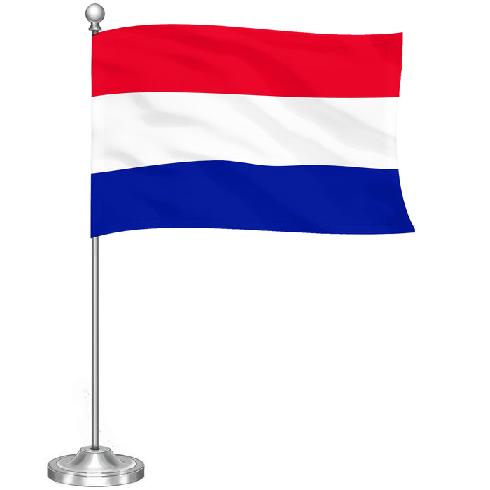 G128 Netherlands Dutch Deluxe Desk Flag Set | 8.5x5.5 In | Printed 300D Polyester, with Silver Dome and Base, 15" Metal Pole, Decorations For Office, Home and Festival Events Celebration