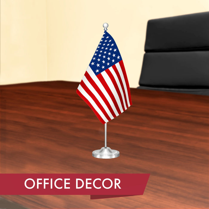 G128 American USA Deluxe Desk Flag Set | 8.5x5.5 In | Printed 300D Polyester, with Silver Dome and Base, 15" Metal Pole, Decorations For Office, Home and Festival Events Celebration
