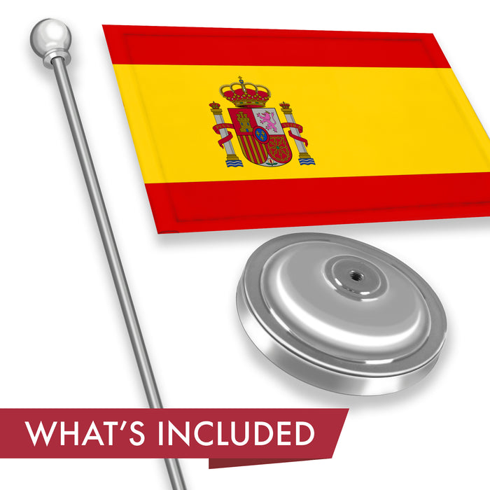 G128 Spain Spanish Deluxe Desk Flag Set | 8.5x5.5 In | Printed 300D Polyester, with Silver Dome and Base, 15" Metal Pole, Decorations For Office, Home and Festival Events Celebration