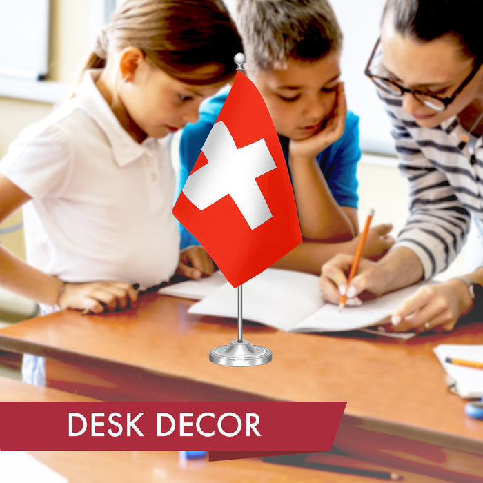 G128 Switzerland Swiss Deluxe Desk Flag Set | 8.5x5.5 In | Printed 300D Polyester, with Silver Dome and Base, 15" Metal Pole, Decorations For Office, Home and Festival Events Celebration