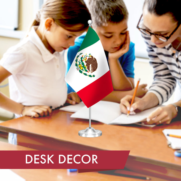 G128 Mexico Mexican Deluxe Desk Flag Set | 8.5x5.5 In | Printed 300D Polyester, with Silver Dome and Base, 15" Metal Pole, Decorations For Office, Home and Festival Events Celebration