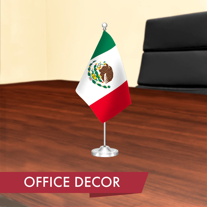 G128 Mexico Mexican Deluxe Desk Flag Set | 8.5x5.5 In | Printed 300D Polyester, with Silver Dome and Base, 15" Metal Pole, Decorations For Office, Home and Festival Events Celebration