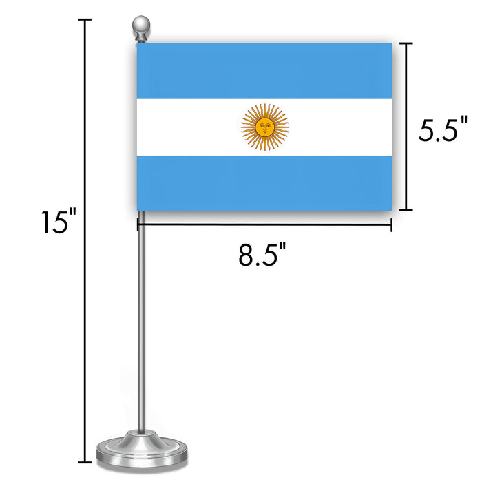 G128 Argentina Argentinian Deluxe Desk Flag Set | 8.5x5.5 In | Printed 300D Polyester, with Silver Dome and Base, 15" Metal Pole, Decorations For Office, Home and Festival Events Celebration