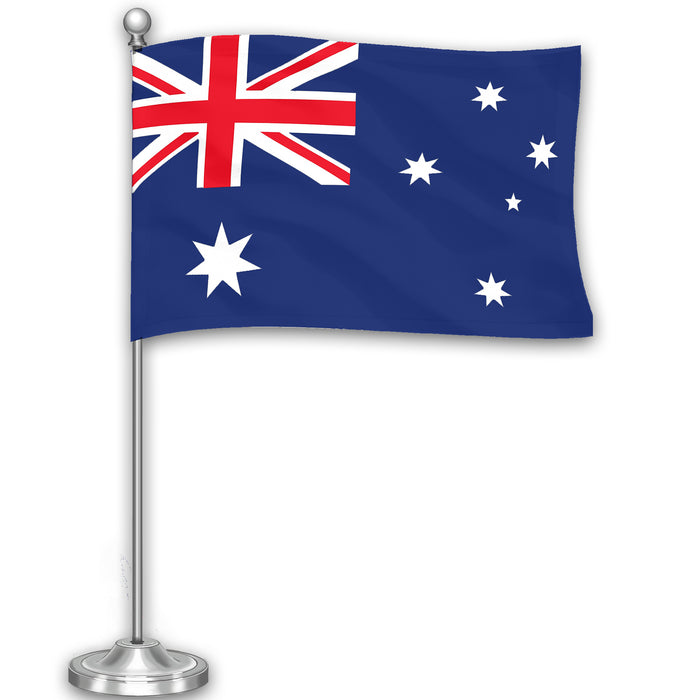 G128 Australia Australian Deluxe Desk Flag Set | 8.5x5.5 In | Printed 300D Polyester, with Silver Dome and Base, 15" Metal Pole, Decorations For Office, Home and Festival Events Celebration