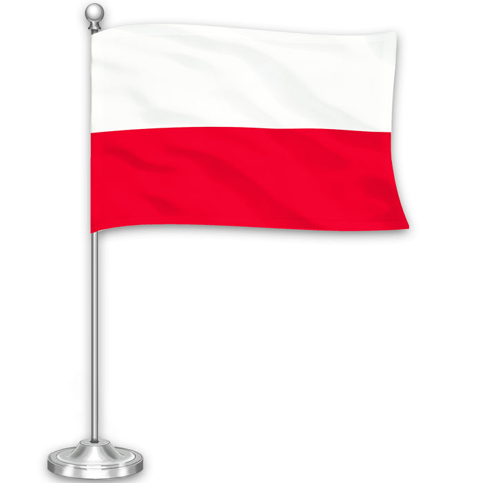 G128 Poland Polish Deluxe Desk Flag Set | 8.5x5.5 In | Printed 300D Polyester, with Silver Dome and Base, 15" Metal Pole, Decorations For Office, Home and Festival Events Celebration