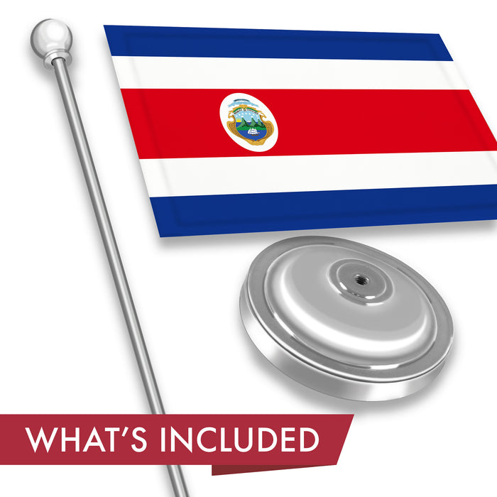 G128 Costa Rica Costa Rican Deluxe Desk Flag Set | 8.5x5.5 In | Printed 300D Polyester, with Silver Dome and Base, 15" Metal Pole, Decorations For Office, Home and Festival Events Celebration