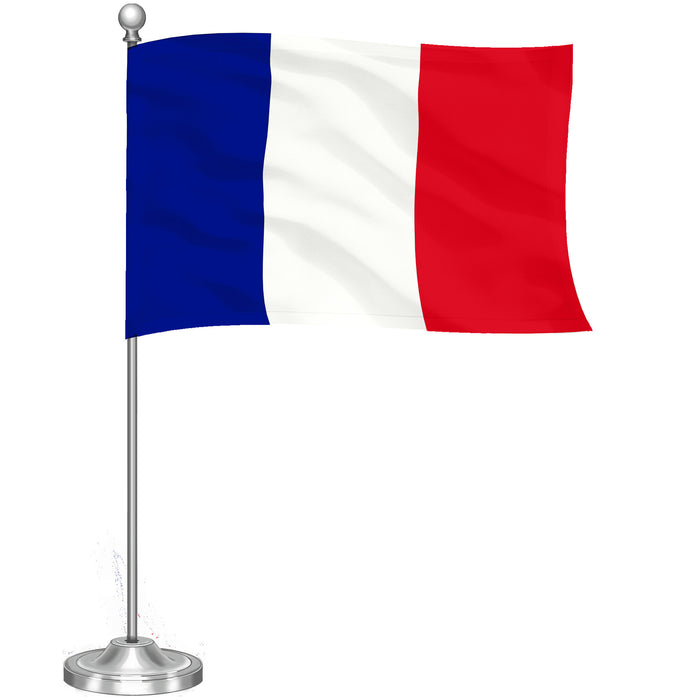 G128 France French Deluxe Desk Flag Set | 8.5x5.5 In | Printed 300D Polyester, with Silver Dome and Base, 15" Metal Pole, Decorations For Office, Home and Festival Events Celebration