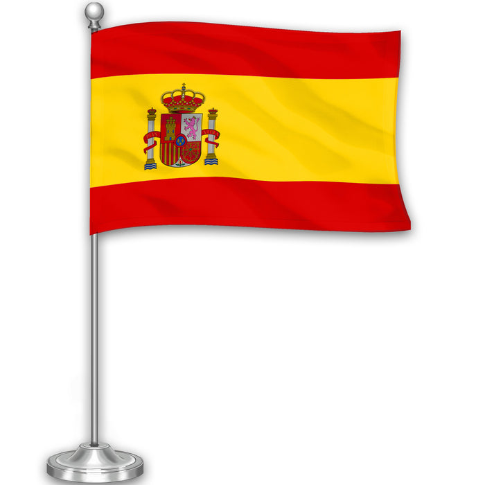 G128 Spain Spanish Deluxe Desk Flag Set | 8.5x5.5 In | Printed 300D Polyester, with Silver Dome and Base, 15" Metal Pole, Decorations For Office, Home and Festival Events Celebration