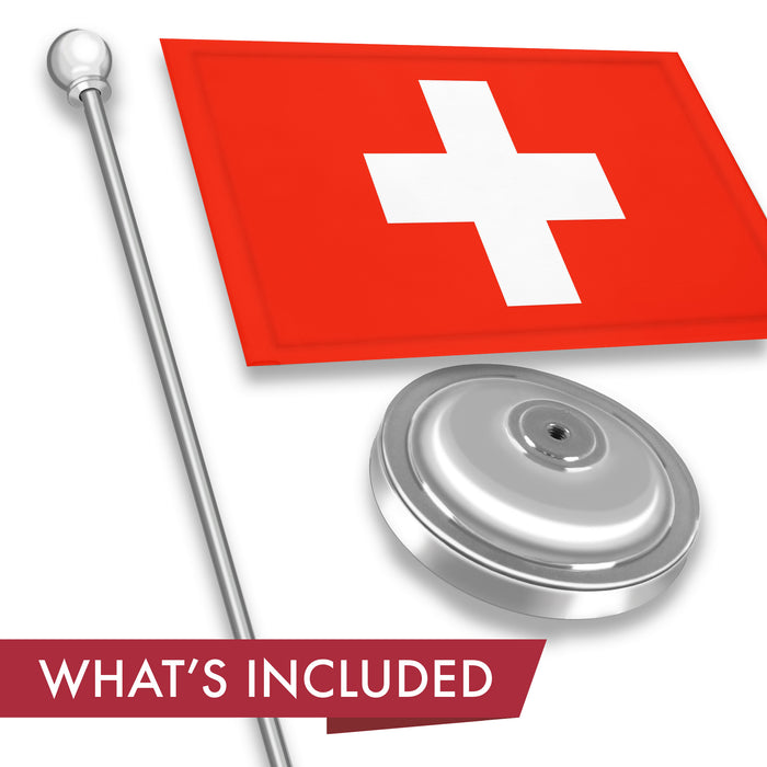 G128 Switzerland Swiss Deluxe Desk Flag Set | 8.5x5.5 In | Printed 300D Polyester, with Silver Dome and Base, 15" Metal Pole, Decorations For Office, Home and Festival Events Celebration