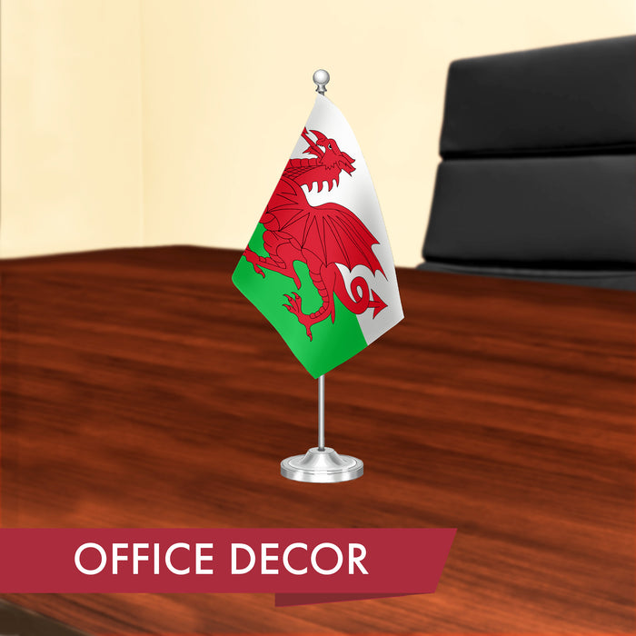G128 Wales Welsh Deluxe Desk Flag Set | 8.5x5.5 In | Printed 300D Polyester, with Silver Dome and Base, 15" Metal Pole, Decorations For Office, Home and Festival Events Celebration