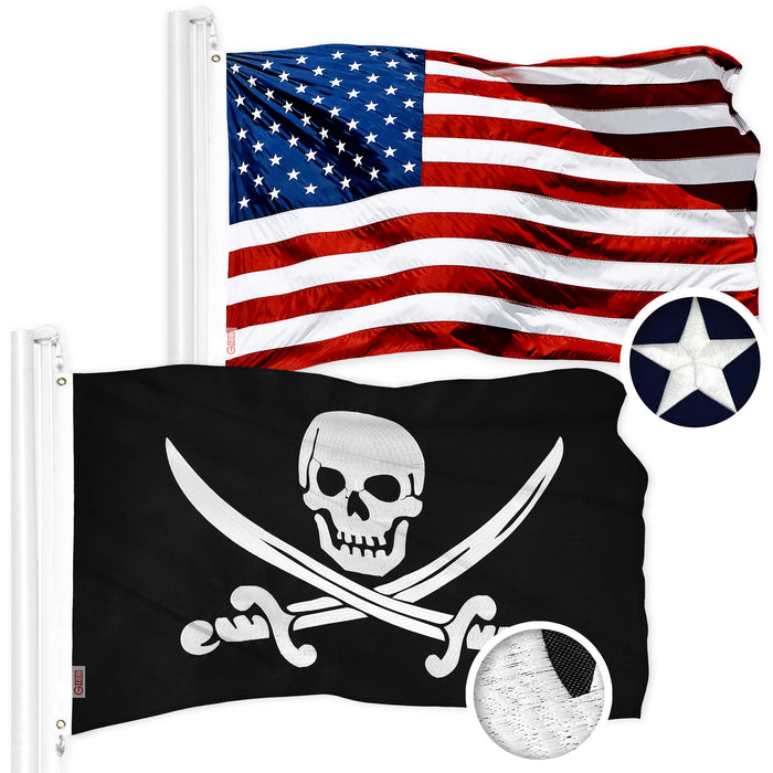 G128 Combo Pack: American USA Flag 16x24 In & Pirate Jolly Roger Swords Flag 16x24 In | Both ToughWeave Series Embroidered 300D Polyester, Embroidered Design, Indoor/Outdoor, Brass Grommets