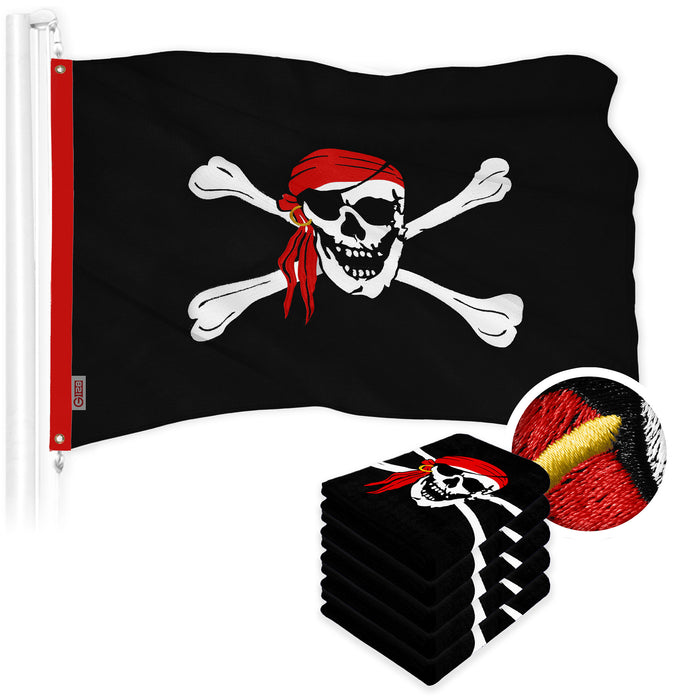 G128 5 Pack: Pirate Jolly Roger Red Head Scarf Flag | 1x1.5 Ft | ToughWeave Series Embroidered 300D Polyester | Novelty Flag, Embroidered Design, Indoor/Outdoor, Brass Grommets