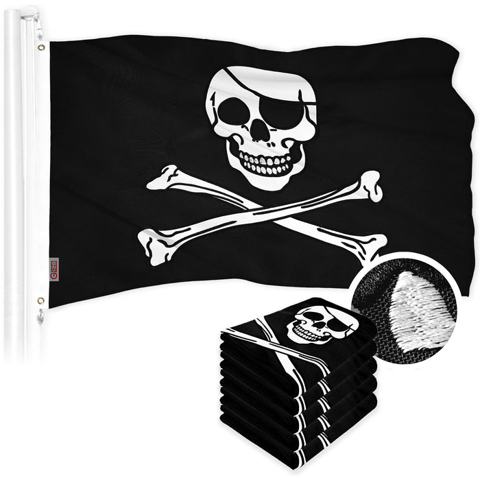 G128 5 Pack: Pirate Jolly Roger Bones Flag | 1x1.5 Ft | ToughWeave Series Embroidered 300D Polyester | Novelty Flag, Embroidered Design, Indoor/Outdoor, Brass Grommets