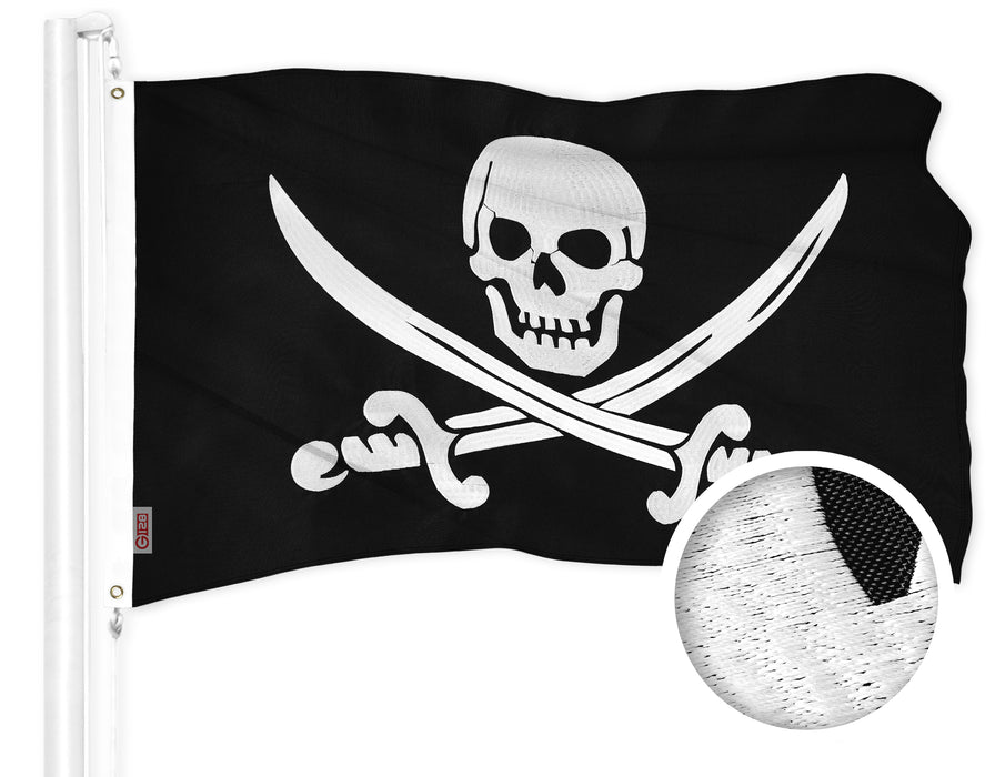 G128 Combo Pack: American USA Flag 16x24 In & Pirate Jolly Roger Swords Flag 16x24 In | Both ToughWeave Series Embroidered 300D Polyester, Embroidered Design, Indoor/Outdoor, Brass Grommets