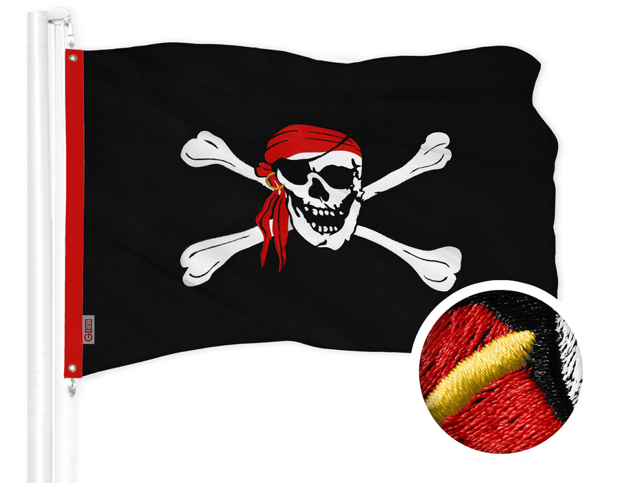 G128 Pirate Jolly Roger Red Head Scarf Flag | 20x30 In | ToughWeave Series Embroidered 300D Polyester | Novelty Flag, Embroidered Design, Indoor/Outdoor, Brass Grommets
