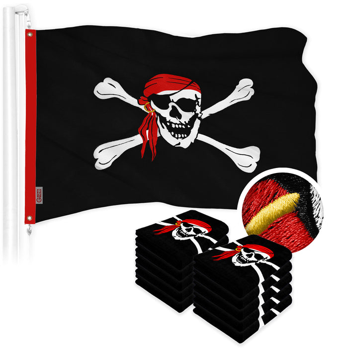 G128 10 Pack: Pirate Jolly Roger Red Head Scarf Flag | 1x1.5 Ft | ToughWeave Series Embroidered 300D Polyester | Novelty Flag, Embroidered Design, Indoor/Outdoor, Brass Grommets