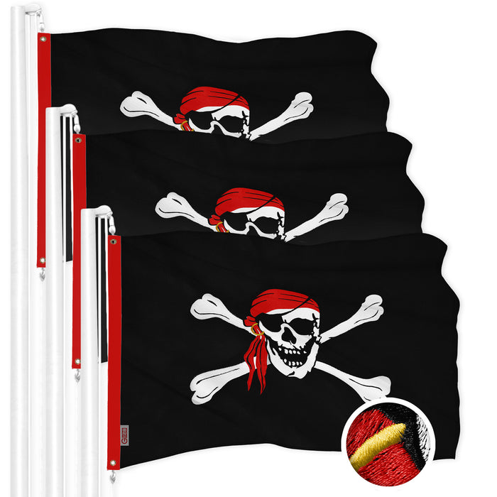 G128 3 Pack: Pirate Jolly Roger Red Head Scarf Flag | 1x1.5 Ft | ToughWeave Series Embroidered 300D Polyester | Novelty Flag, Embroidered Design, Indoor/Outdoor, Brass Grommets