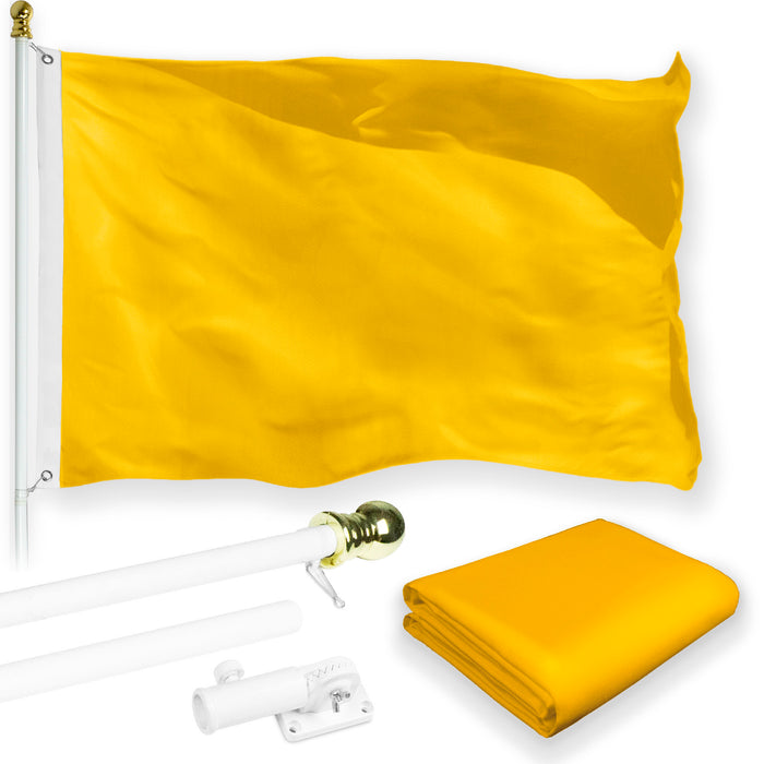 G128 Combo Pack: 5 Ft Tangle Free Aluminum Spinning Flagpole (White) & Solid Golden Yellow Color Flag 2.5x4 Ft, LiteWeave Pro Series Printed 150D Polyester | Pole with Flag Included