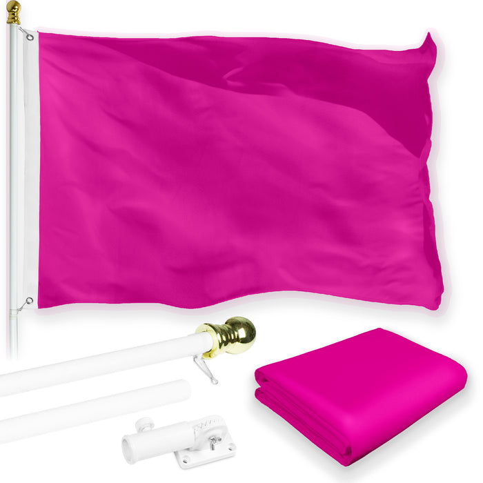G128 Combo Pack: 5 Ft Tangle Free Aluminum Spinning Flagpole (White) & Solid Pink Color Flag 2.5x4 Ft, LiteWeave Pro Series Printed 150D Polyester | Pole with Flag Included