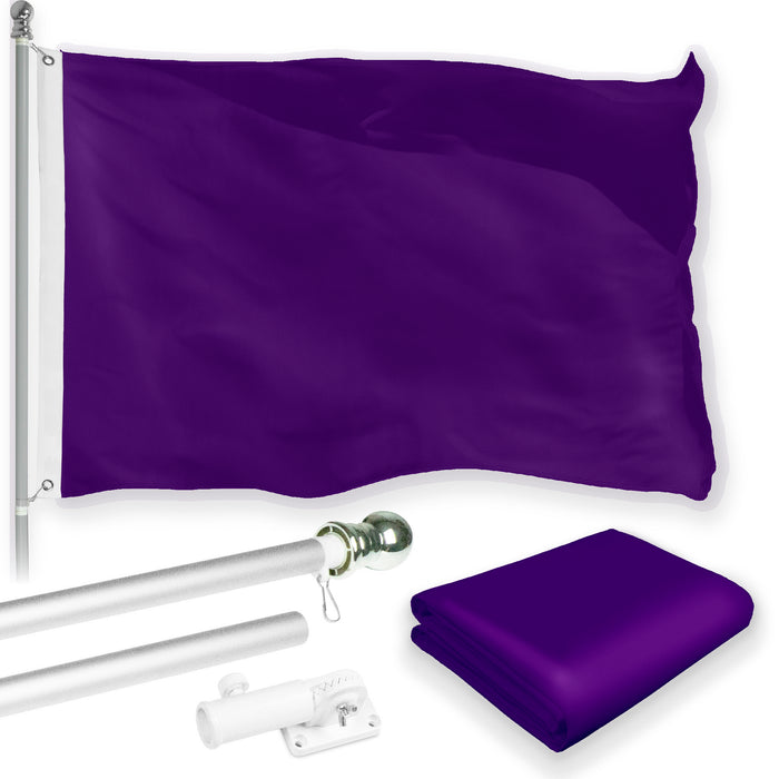 G128 Combo Pack: 5 Ft Tangle Free Aluminum Spinning Flagpole (Silver) & Solid Purple Color Flag 2.5x4 Ft, LiteWeave Pro Series Printed 150D Polyester | Pole with Flag Included