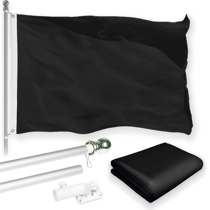 G128 Combo Pack: 5 Ft Tangle Free Aluminum Spinning Flagpole (Silver) & Solid Black Color Flag 2x3 Ft, LiteWeave Pro Series Printed 150D Polyester | Pole with Flag Included