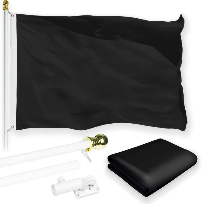 G128 Combo Pack: 5 Ft Tangle Free Aluminum Spinning Flagpole (White) & Solid Black Color Flag 2.5x4 Ft, LiteWeave Pro Series Printed 150D Polyester | Pole with Flag Included