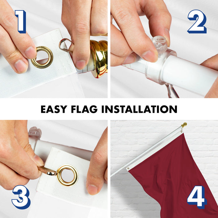 G128 Combo Pack: 5 Ft Tangle Free Aluminum Spinning Flagpole (White) & Solid Burgundy Color Flag 2.5x4 Ft, LiteWeave Pro Series Printed 150D Polyester | Pole with Flag Included