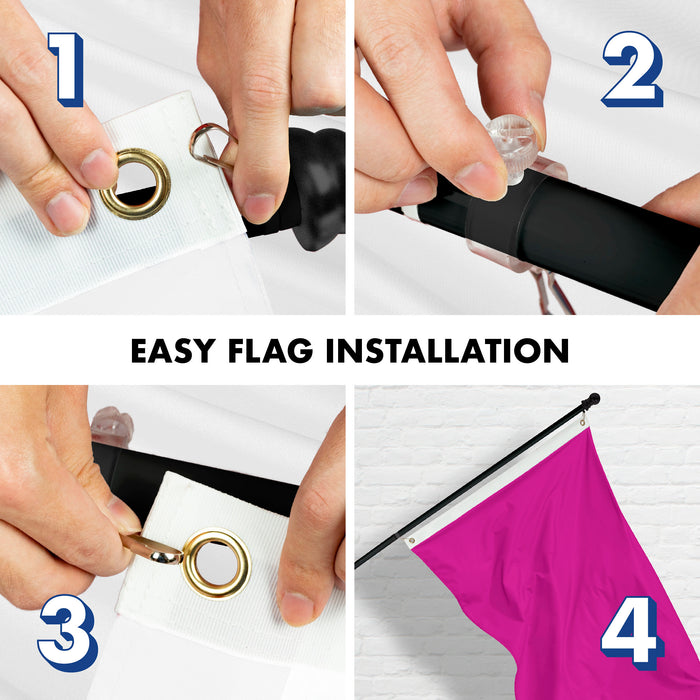 G128 Combo Pack: 5 Ft Tangle Free Aluminum Spinning Flagpole (Black) & Solid Pink Color Flag 2.5x4 Ft, LiteWeave Pro Series Printed 150D Polyester | Pole with Flag Included