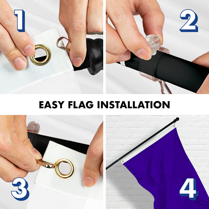 G128 Combo Pack: 5 Ft Tangle Free Aluminum Spinning Flagpole (Black) & Solid Violet Color Flag 2.5x4 Ft, LiteWeave Pro Series Printed 150D Polyester | Pole with Flag Included