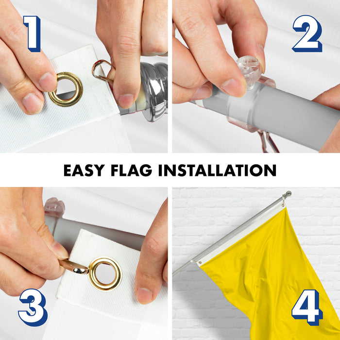 G128 Combo Pack: 5 Ft Tangle Free Aluminum Spinning Flagpole (Silver) & Solid Yellow Color Flag 2.5x4 Ft, LiteWeave Pro Series Printed 150D Polyester | Pole with Flag Included