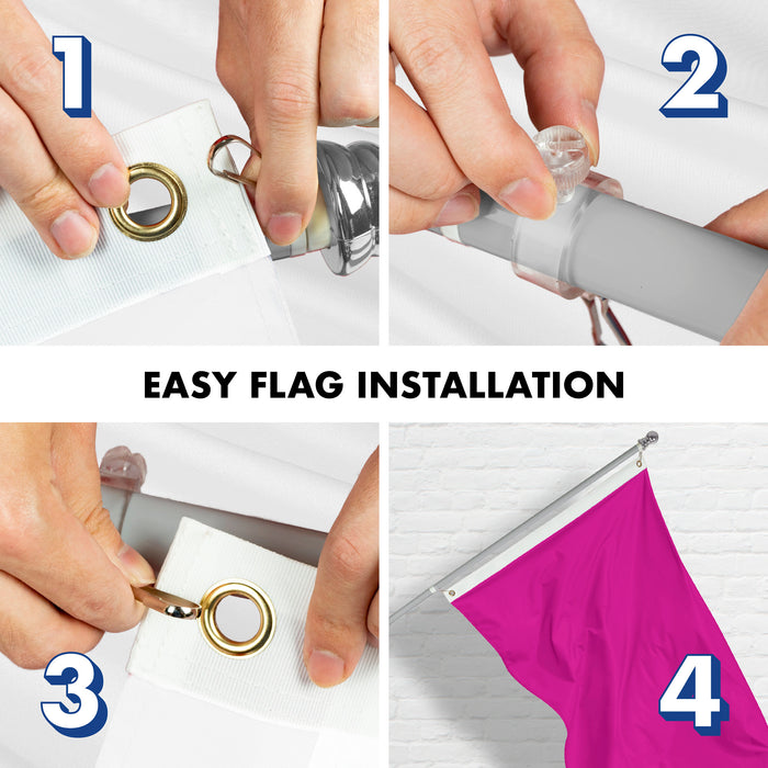 G128 Combo Pack: 5 Ft Tangle Free Aluminum Spinning Flagpole (Silver) & Solid Pink Color Flag 2.5x4 Ft, LiteWeave Pro Series Printed 150D Polyester | Pole with Flag Included