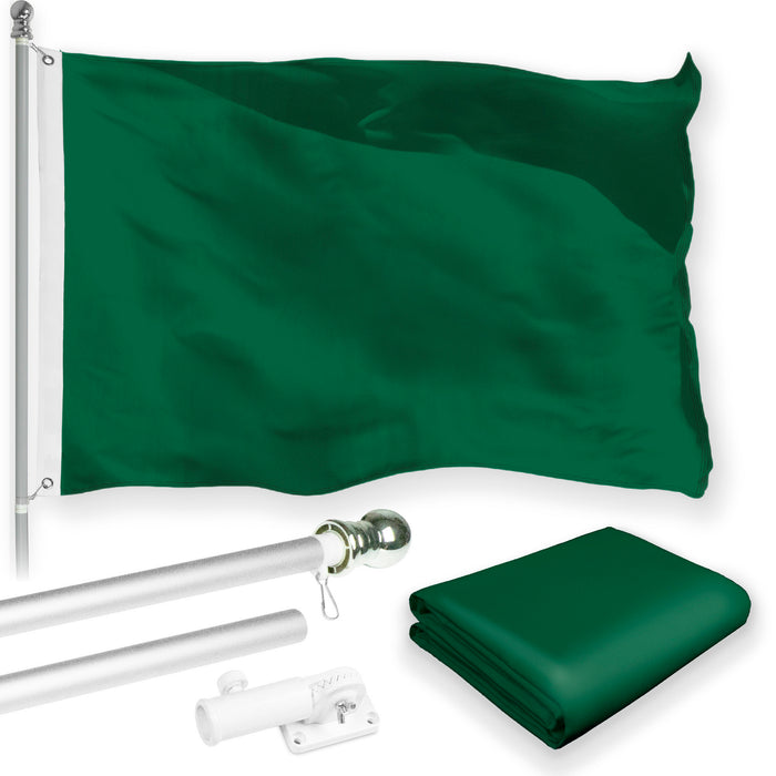 G128 Combo Pack: 5 Ft Tangle Free Aluminum Spinning Flagpole (Silver) & Solid Dark Green Color Flag 2.5x4 Ft, LiteWeave Pro Series Printed 150D Polyester | Pole with Flag Included