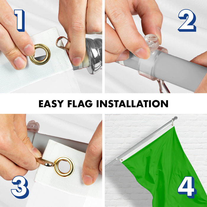 G128 Combo Pack: 5 Ft Tangle Free Aluminum Spinning Flagpole (Silver) & Solid Lime Green Color Flag 2x3 Ft, LiteWeave Pro Series Printed 150D Polyester | Pole with Flag Included