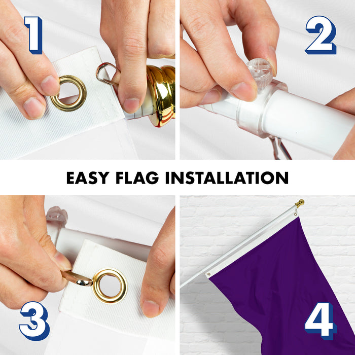 G128 Combo Pack: 5 Ft Tangle Free Aluminum Spinning Flagpole (White) & Solid Purple Color Flag 2x3 Ft, LiteWeave Pro Series Printed 150D Polyester | Pole with Flag Included