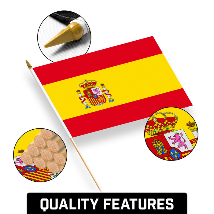 G128 24 Pack Handheld Spain Spanish Stick Flags | 12x18 In | Printed 150D Polyester, Country Flag, Solid Wooden Stick, Spear Gold Tip