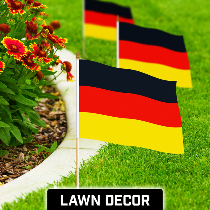 G128 24 Pack Handheld Germany German Stick Flags | 12x18 In | Printed 150D Polyester, Country Flag, Solid Wooden Stick, Spear Gold Tip