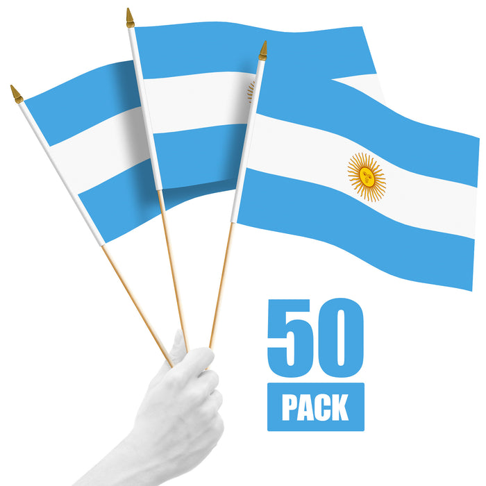 G128 50 Pack Handheld Argentina Argentinian Stick Flags | 12x18 In | Printed 150D Polyester, Country Flag, Solid Wooden Stick, Spear Gold Tip