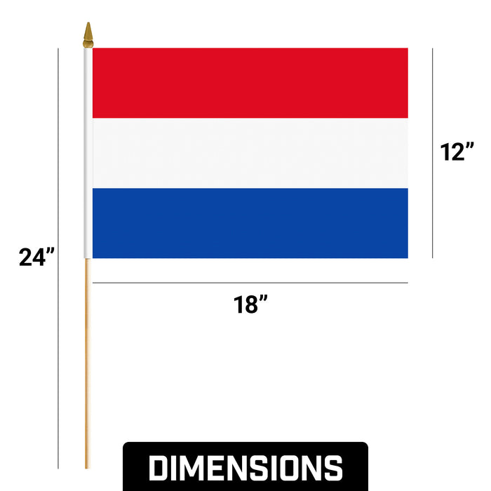 G128 24 Pack Handheld Netherlands Dutch Stick Flags | 12x18 In | Printed 150D Polyester, Country Flag, Solid Wooden Stick, Spear Gold Tip