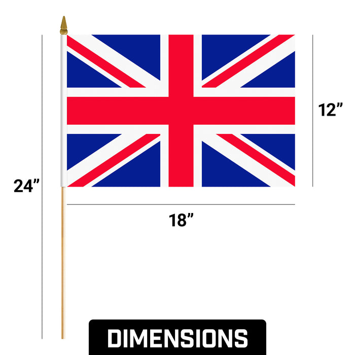 G128 50 Pack Handheld United Kingdom UK Stick Flags | 12x18 In | Printed 150D Polyester, Country Flag, Solid Wooden Stick, Spear Gold Tip