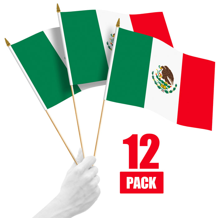 G128 12 Pack Handheld Mexico Mexican Stick Flags | 12x18 In | Printed 150D Polyester, Country Flag, Solid Wooden Stick, Spear Gold Tip
