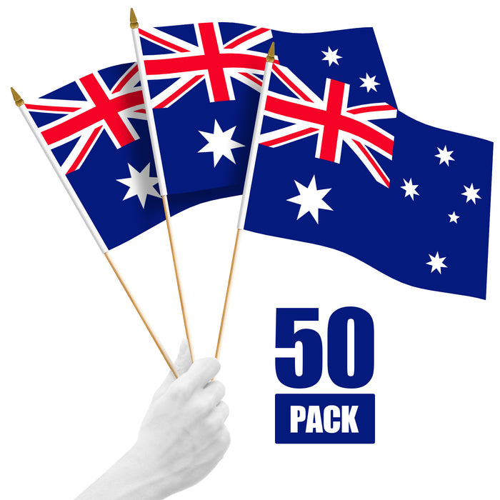 G128 50 Pack Handheld Australia Australian Stick Flags | 12x18 In | Printed 150D Polyester, Country Flag, Solid Wooden Stick, Spear Gold Tip